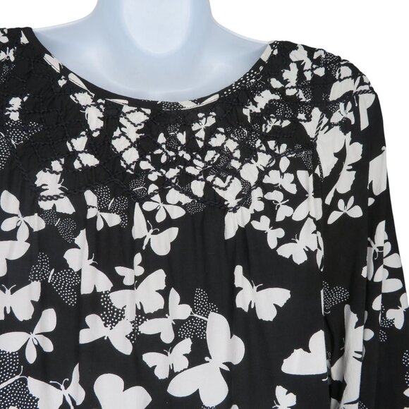Talbots Womens Black White Butterfly 3/4 Sleeve Tunic Top S Crochet Detail - Picture 11 of 12